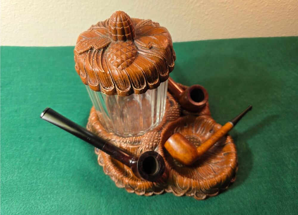 Vintage Composite Pinecone Motif Glass humidor , pipe holder and Ashtray c.1939